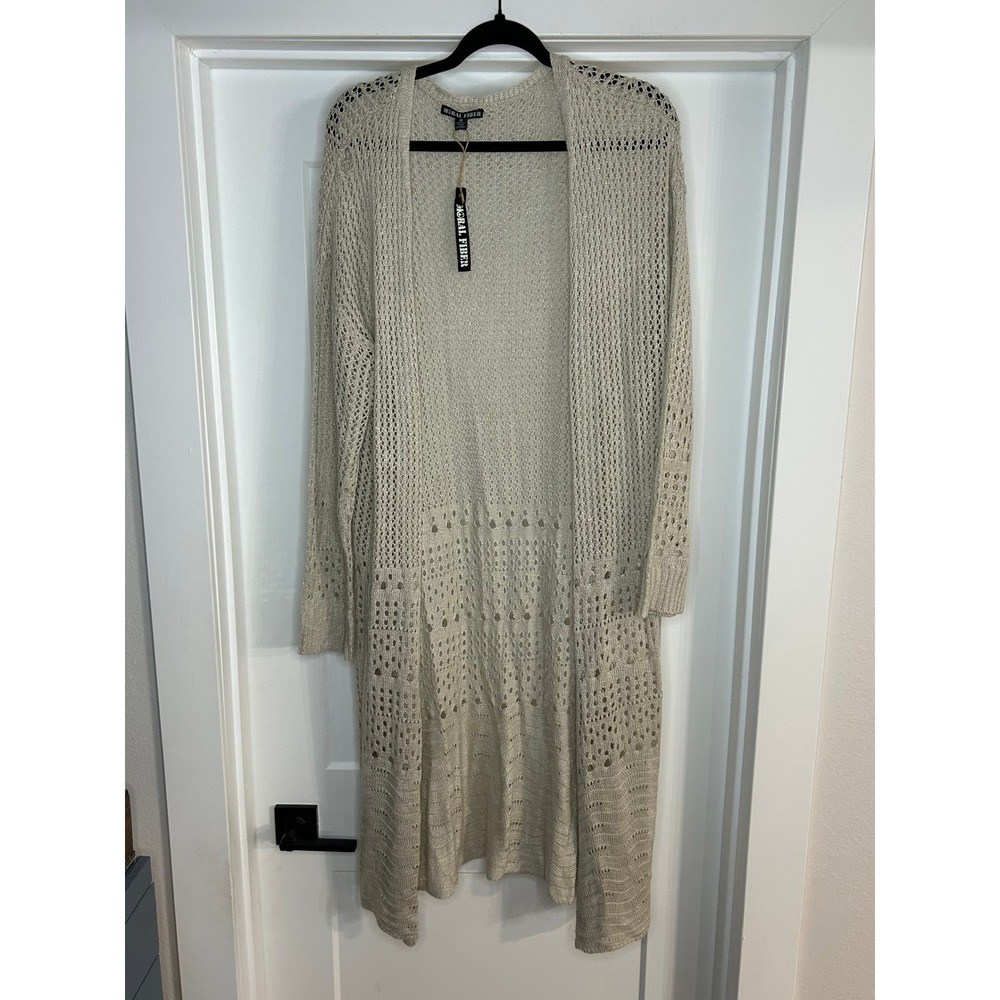 NEW Moral Fiber Womens 1X Oatmeal Beige Crochet Pointelle Open Duster Cardigan